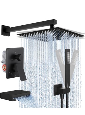 KES Black Shower Faucet Set Complete, 12 Inch Rainfall 