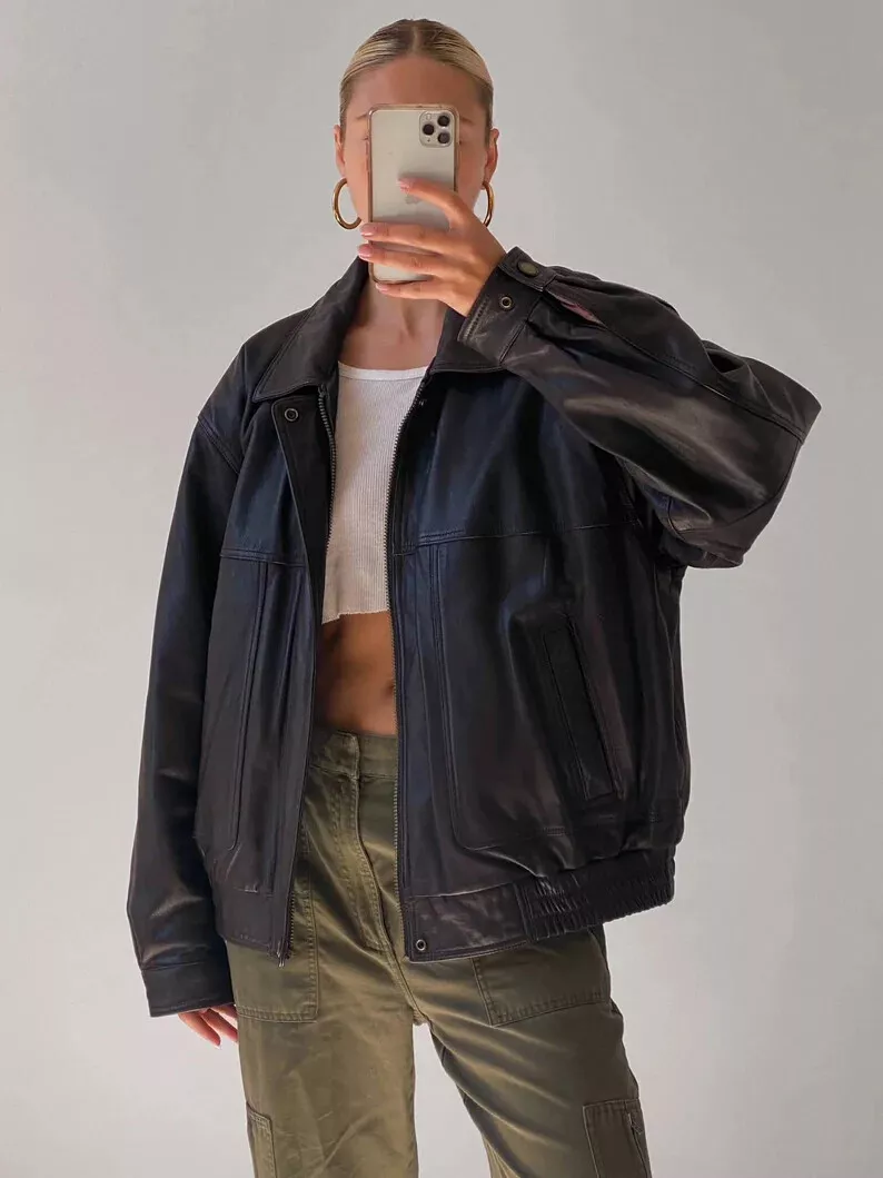 90's Oversized Bomber Jacket Retro Vintage Classic Leather Jacket