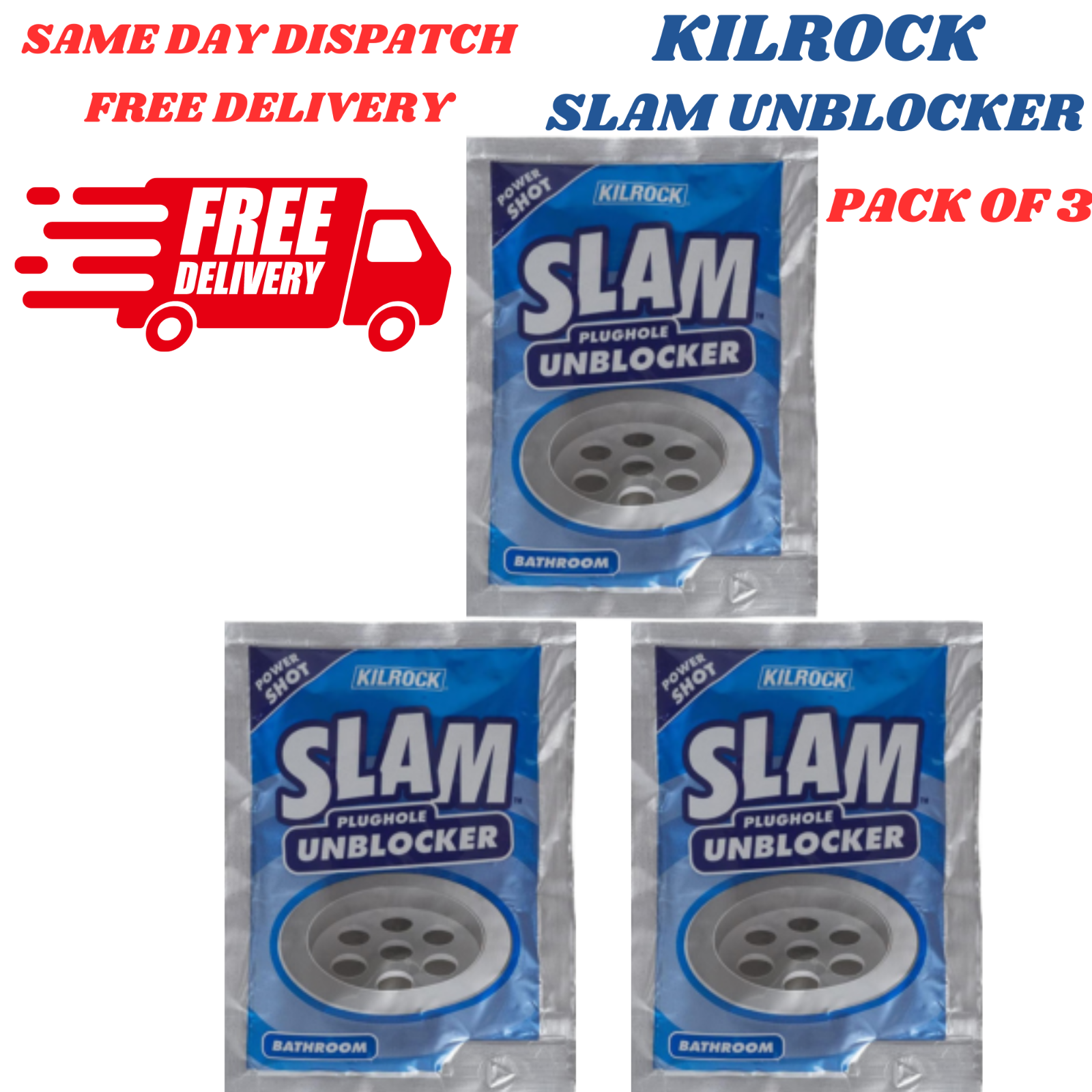 Strong Kilrock SLAM Bathroom Sink Shower Bath Drain Plughole Unblocker