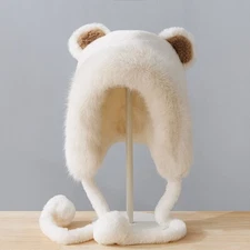 Lady Winter Faux Fur Beanie Hat Cute Bear Ear Flap Warm Pom Pom Snow Fluffy Soft