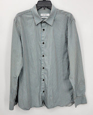 Calvin Klein Shirt Mens Large Blue Brown Stripe Modern Fit Long Sleeve Button Up
