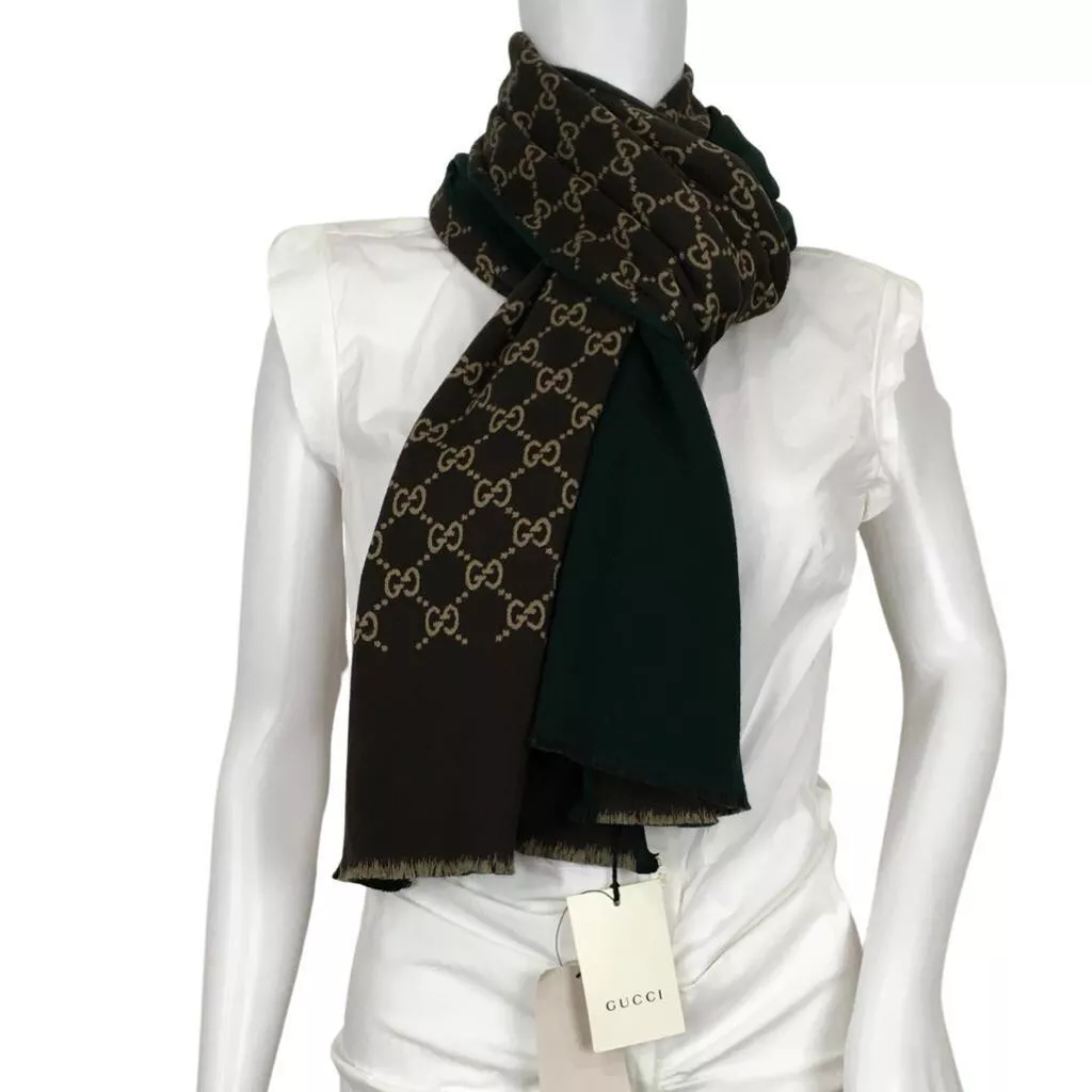 Gucci Foulard Femme Double Face Vert Autre Côté Marron Beige Monogramme GG