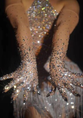 Women Luxury Stretch Rhinestone Beaded Sparkling Gloves Dancer Singer Stage