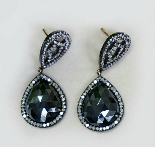 14k Gold Pave Diamond Black Spinel Dangle Earring 925 Silver Handmade Earring. - Picture 7 of 12