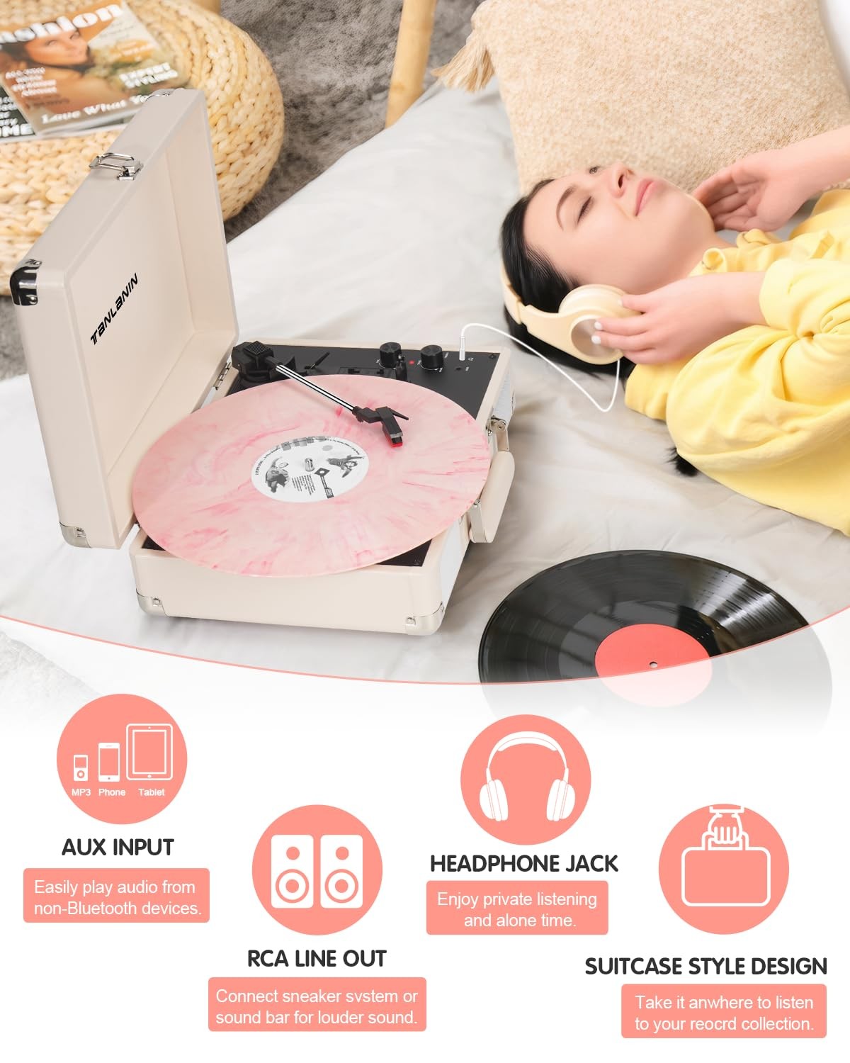 Record Player with Enhanced Speakers 3-Speed Bluetooth Suitcase Portable Viny...