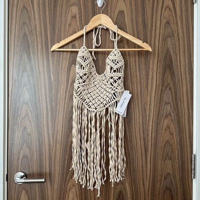 Miss Selfridge creme beige Häkel Fransen Krawatte Neckholder hinten offen Top M NEU