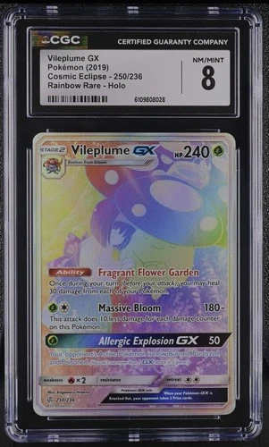 Pokémon Vileplume GX #250, Rainbow Rare Cosmic Eclipse Secret Rare CGC 8 Low Pop