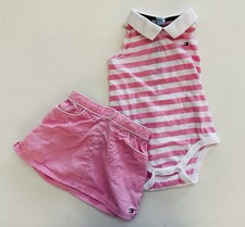 Vintage Y2K Tommy Hilfiger Baby Girls Preppy Pink Polo Bodysuit  Skirt Set