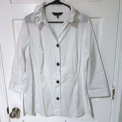 Ming Wang Womens White Ruffle Collar Button Down Shirt XL 3/4 Sleeve Stretch