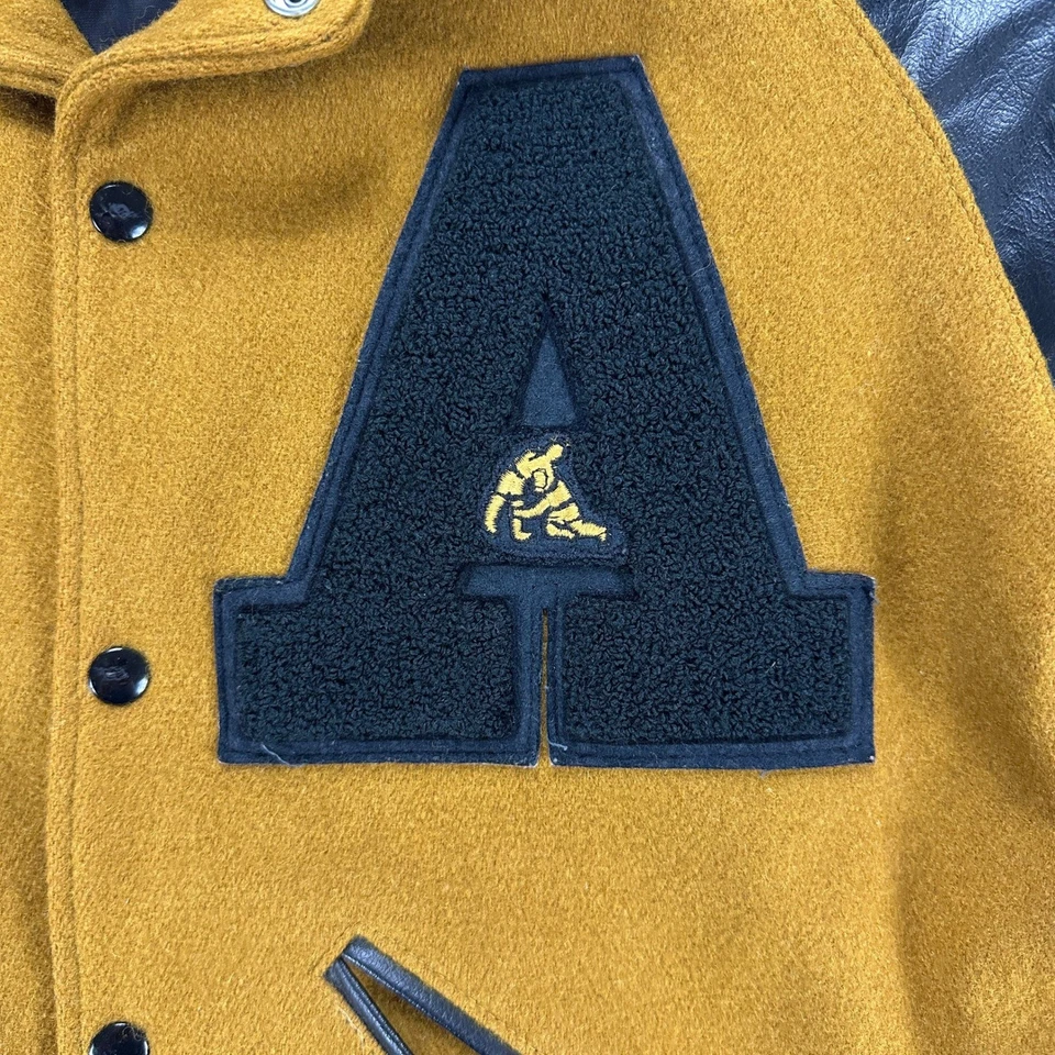 Vintage Howe Athletic Varsity Jacket Mustard Wool Black Vinyl Sleeve Size 38 USA - Image 2 of 4