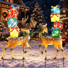 Christmas Outdoor Reindeer Carrying Gift Stacks Decoration with Warm Light 2 PCS