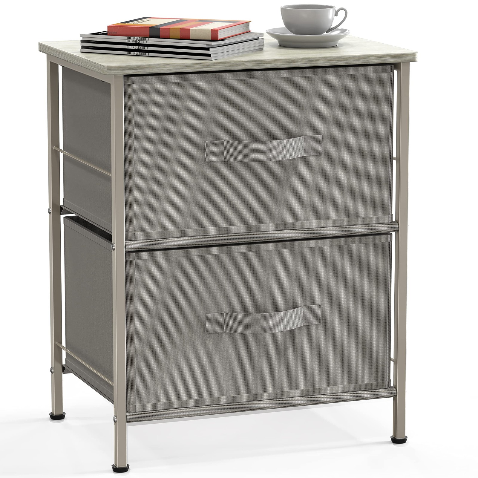 2 Tier Grey Nightstand Dresser with Drawers for Bedroom Storage