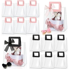 12 Pcs Clear Gift Bag with Handle and Sheer Ribbon Reusable Transparent PVC G...