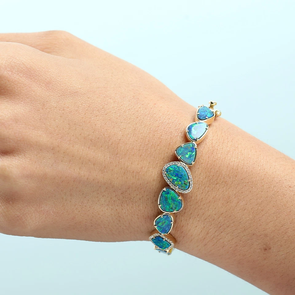 Brazalete de diamantes dobles de ópalo de oro amarillo de 14 quilates con piedras preciosas de 8,04 quilates joyería de 0,27 quilates Foto 2 de 4