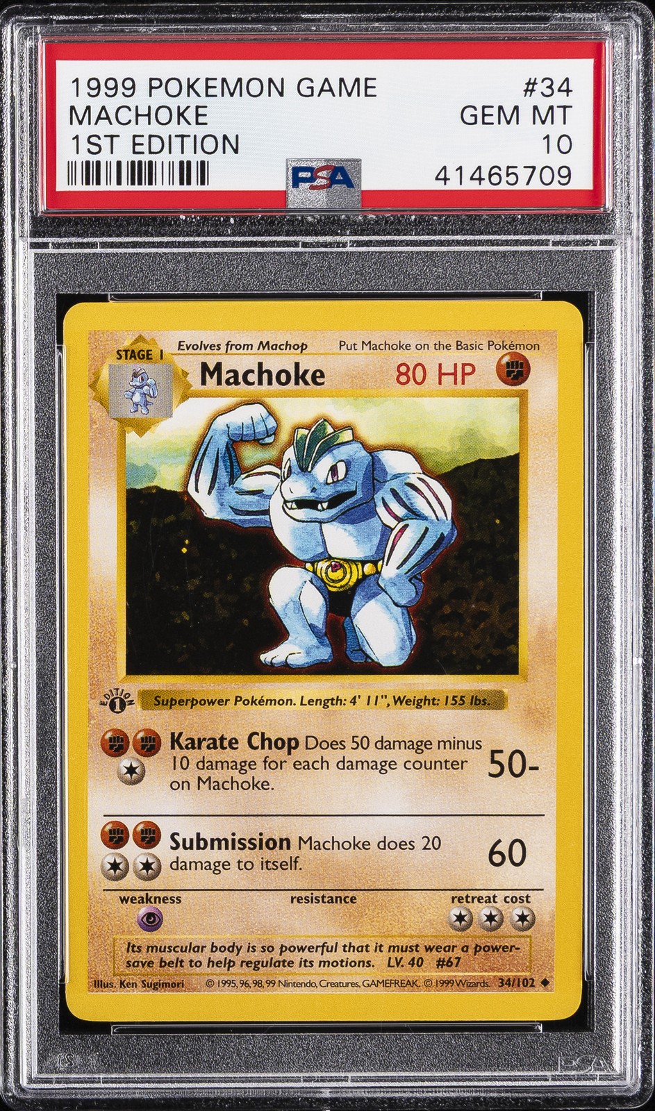 1999 POKEMON BASE SET 1ST EDITION #34 MACHOKE PSA 10