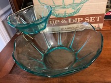 Vintage Swedish Modern Anchor Hocking Aquamarine Chip & Dip Set MINT Condition