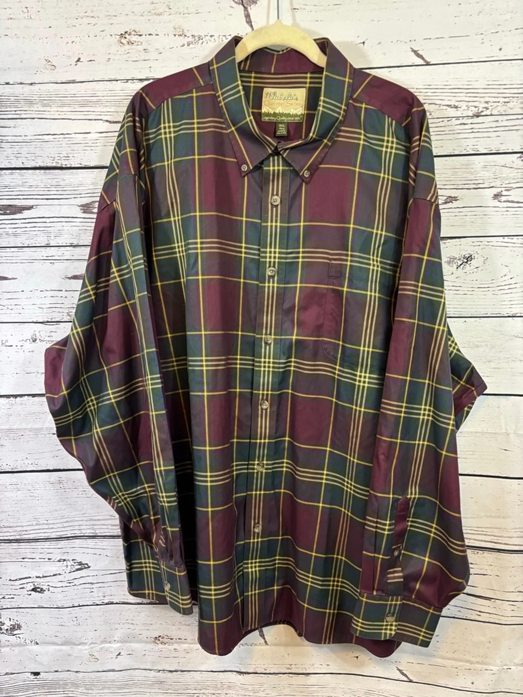 Men's Cabela's 3XL Burgundy Green Plaid Casual Button Down Shirt