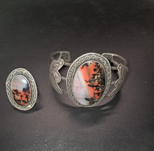 Vintage Sterling Silver Dendritic Agate Cuff Bracelet & Ring Set Southwestern