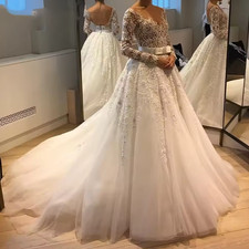 Luxury Long Sleeve A-Line Wedding Dresses For Women Illusion Appliques Lace