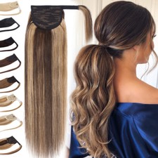 Clip In Thick Ponytail Real Human Hair Extensions WrapAround Pony Tail Highlight