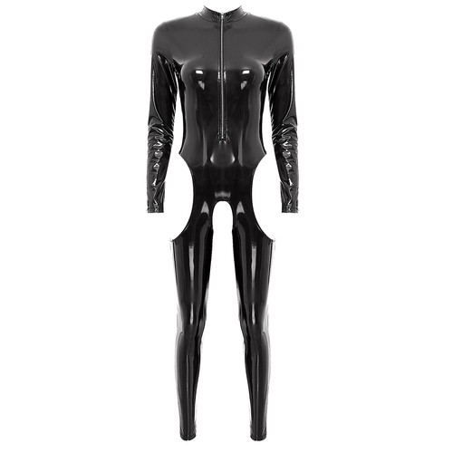 Women Long Sleeve Patent Leather Jumpsuit Crotchless Zipper Bodysuit Catsuit - Picture 25 of 44