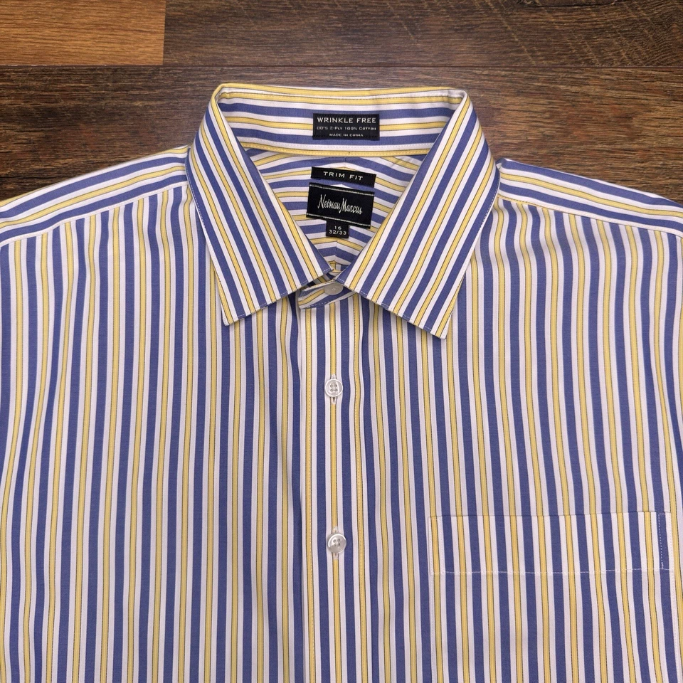 Camisa ajustada Neiman Marcus para hombre 16 32/33 azul amarillo abotonada sin arrugas Foto 4 de 4