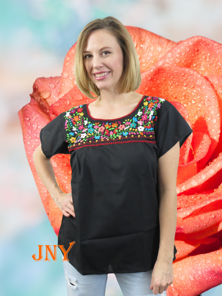 Puebla Blouse, 3/4 Sleeve, Orange Calico