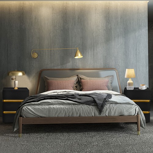 Mesita de noche moderna de cuero y madera maciza con tira de luz LED 2/3 cajones muebles - Imagen 8 de 14