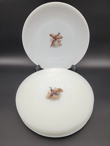 Vintage Fire King Anchor Hocking Game Birds Set Of 7 Dinner Plates 9 1/8"
