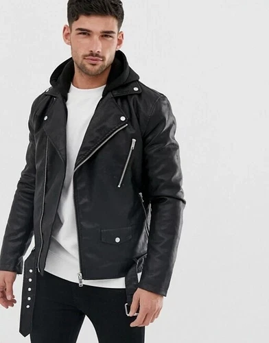 Men's Black Leather Jacket with Hood Black Lambskin Leather Moto Biker Jacket