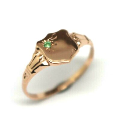 Size O /  7 Genuine 9ct Small Rose Gold Childs Emerald Shield Signet Ring