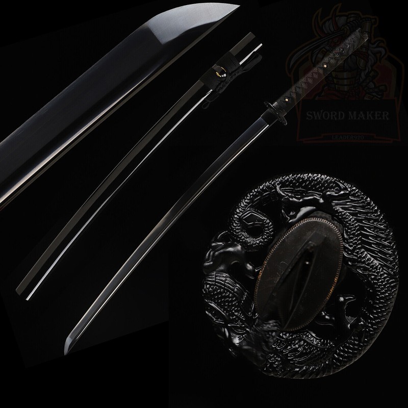 Japanese Samurai Katana Sword Full Tang 9260 Spring Steel Black Blade Sharp