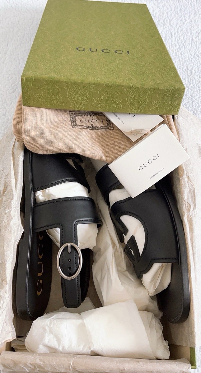 New Authentic Gucci Men's Interlocking G Black Leather Sandals
