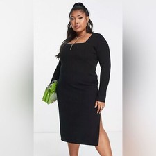 NWT ASOS Design Knitted Midi Dress with Square Neck in Black - Size 22