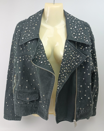 All Saints Women's Black Eve Studded Denim Biker Jacket Size US 12 AllSaints - Picture 5 of 7