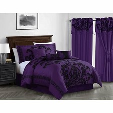 Dark Purple Floral Damask 7 pc Comforter Set Full Queen Cal King Size Bedding