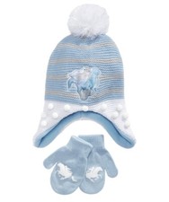 Berkshire Girls 2 Piece Frozen Hat Mittens Set New with Tags Blue Ear Flaps Poms
