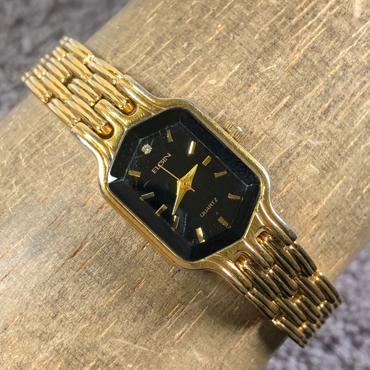 Elgin Women EL394 Diamond Accent Gold Tone Hexagonal Case 