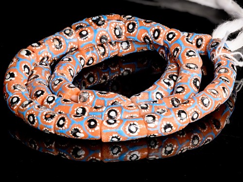 Recycled Glass Beads from Ghana, orange with blue, white and black pattern - M00