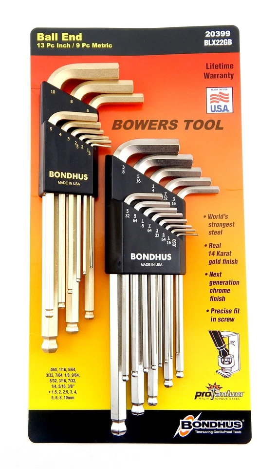Bondhus 22pc GoldGuard BrightGuard Ball End Hex L Wrench Set Metric SAE Inch USA - Image 3 of 4