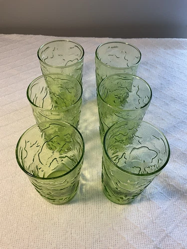 Vintage Anchor Hocking Green Glass Tumblers Set Of 6
