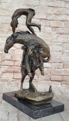 Bronze Sculpture Statue Buffalo Horse by Signed Fredrick Remington Statue Art