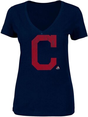 Majestic Women's Cleveland Indians Fanatics Core Logo V-Neck T-Shirt Navy XL