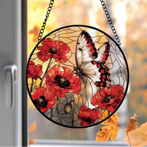 Butterfly Monarch Poppy Stained Glass Suncatcher, Insect - Picture 2 of 6