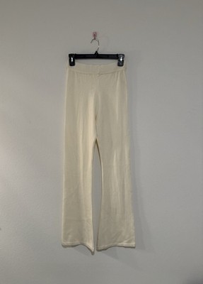 YUNA fashion Cream Ivory Knit Stretch Flare Leg Sweater Pants High Rise S -sheer