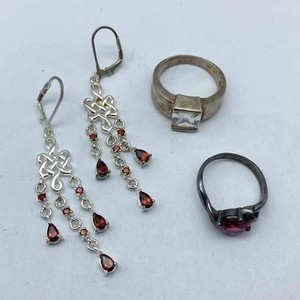 Sterling Silver 925 Garnet CZ Jewelry Lot of 3 Rings Dangle Earrings 15g