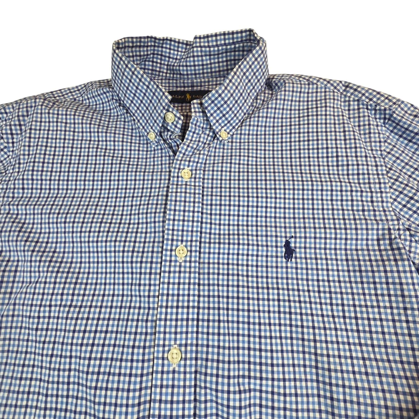 Ralph Lauren Gingham Button Down Shirt Mens L Blue White Check Cotton