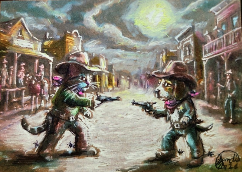 Jacob Landis HANDMADE ORIGINAL Whimsy ACEO Kitten Beagle Cowboys "Negotiations" 