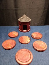 VINTAGE HANDMADE HARD WOOD COASTER SET OF 6 COASTERS CADDY LID AFRICA INDIA