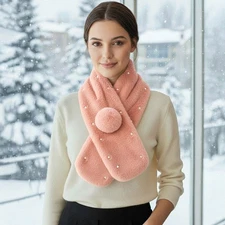 2Pcs Pearl Embellished Faux Fur Pom Pom Pull-Through Collar Scarf for Women Pink